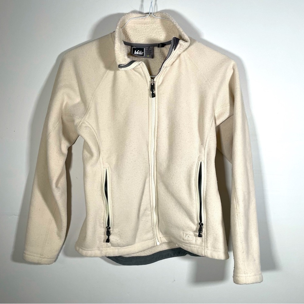REI Fleece Women’s Jacket zip Sweater white Sweatshirt Pockets Recycled size XS